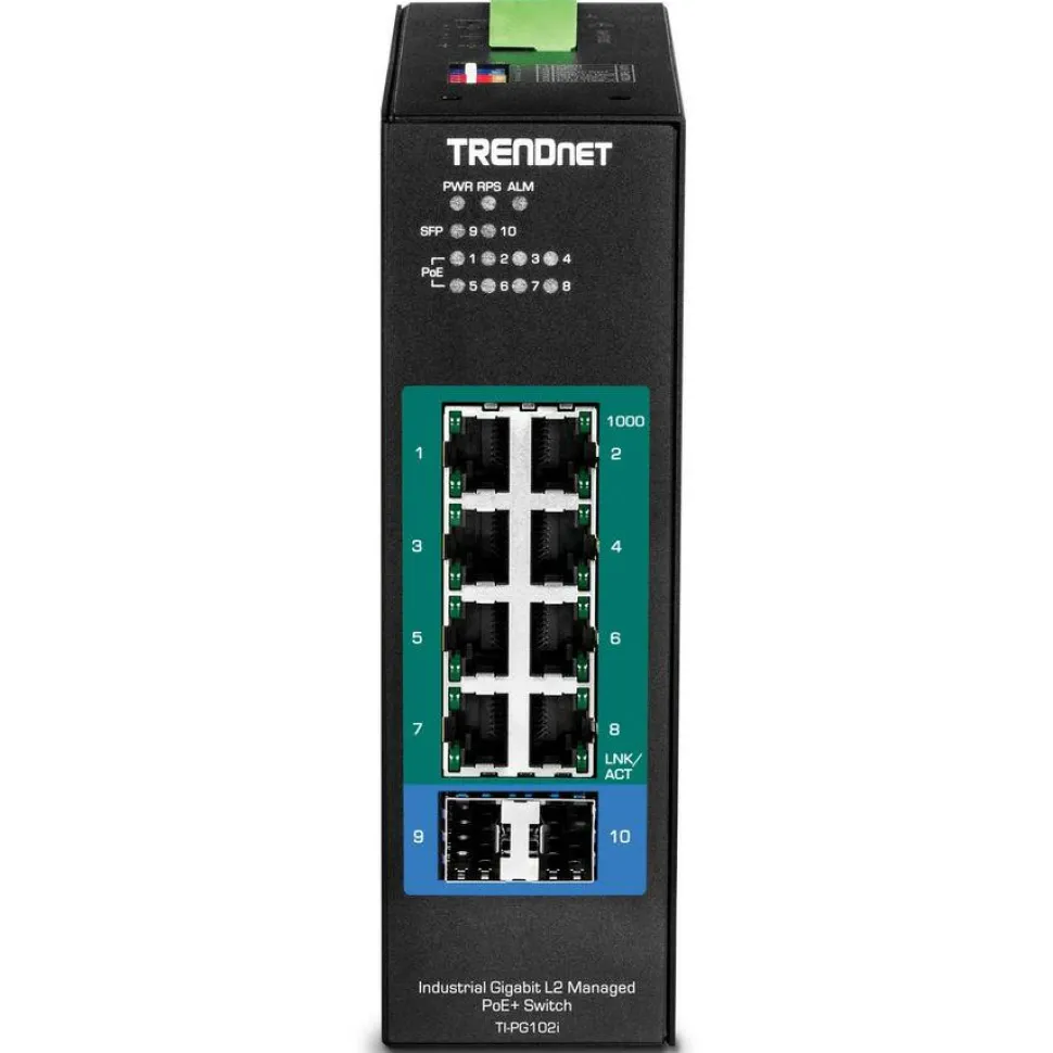 TRENDnet 10-Port Industrial Gigabit L2 Managed PoE+ DIN-Rail Switch, 8 x Gigabit PoE+ Ports, DIN-Rail Mount, 2 x SFP Slots, 2457V DC Power Input, IP30, VLAN, Lifetime Protection, Black, TI-PG102i