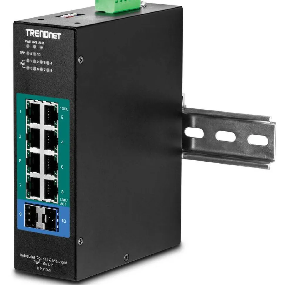 TRENDnet 10-Port Industrial Gigabit L2 Managed PoE+ DIN-Rail Switch, 8 x Gigabit PoE+ Ports, DIN-Rail Mount, 2 x SFP Slots, 2457V DC Power Input, IP30, VLAN, Lifetime Protection, Black, TI-PG102i