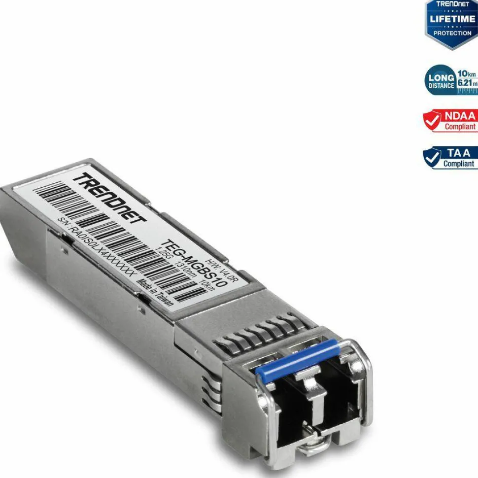 TRENDnet SFP to RJ45 Mini-GBIC Single-Mode LC Module; TEG-MGBS10; For Single Mode Fiber; Distances up to 10km (6.2 Miles); Gigabit SFP Module; IEEE 802.3z Gigabit Ethernet; Lifetime Protection