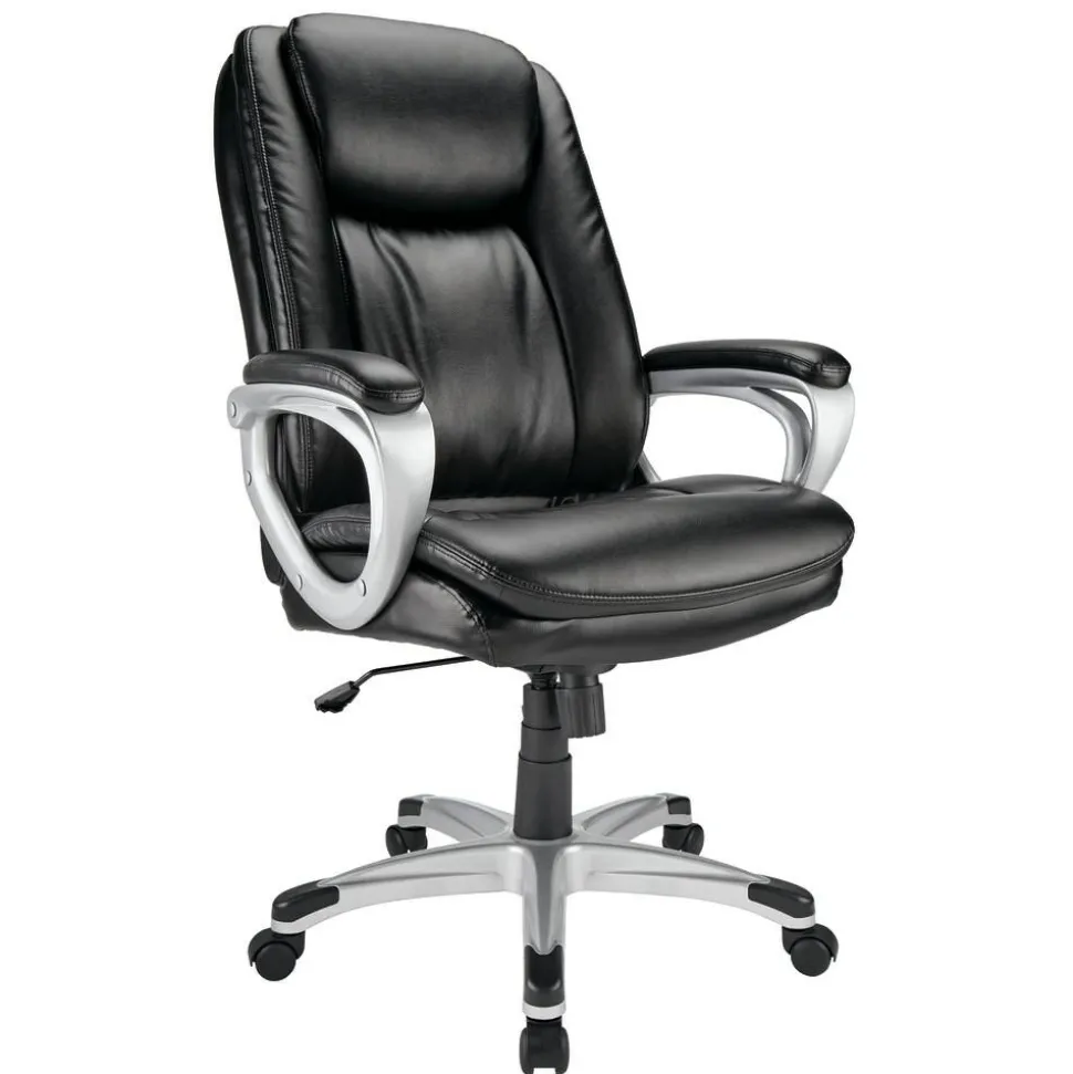 Treswell Bonded Leather High-Back Executive Office Chair, Black/Silver, BIFMA Compliant