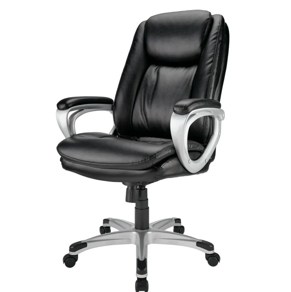 Treswell Bonded Leather High-Back Executive Office Chair, Black/Silver, BIFMA Compliant