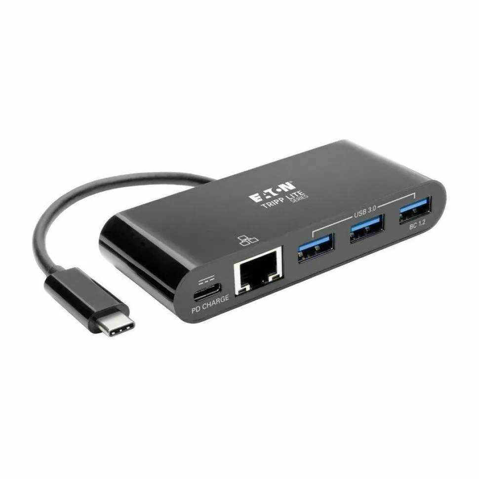 Tripp Lite by Eaton 3-Port USB-C Hub with LAN Port and Power Delivery USB-C to 3x USB-A Gbe 60W PD Charging USB 3.0 Black