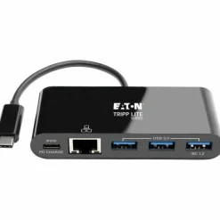 Tripp Lite by Eaton 3-Port USB-C Hub with LAN Port and Power Delivery USB-C to 3x USB-A Gbe 60W PD Charging USB 3.0 Black