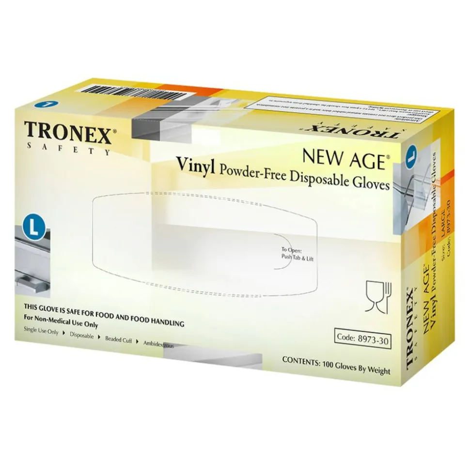 Tronex New Age Disposable Powder-Free Vinyl Gloves, Large, Natural, 100 Gloves Per Pack, Box Of 10 Packs