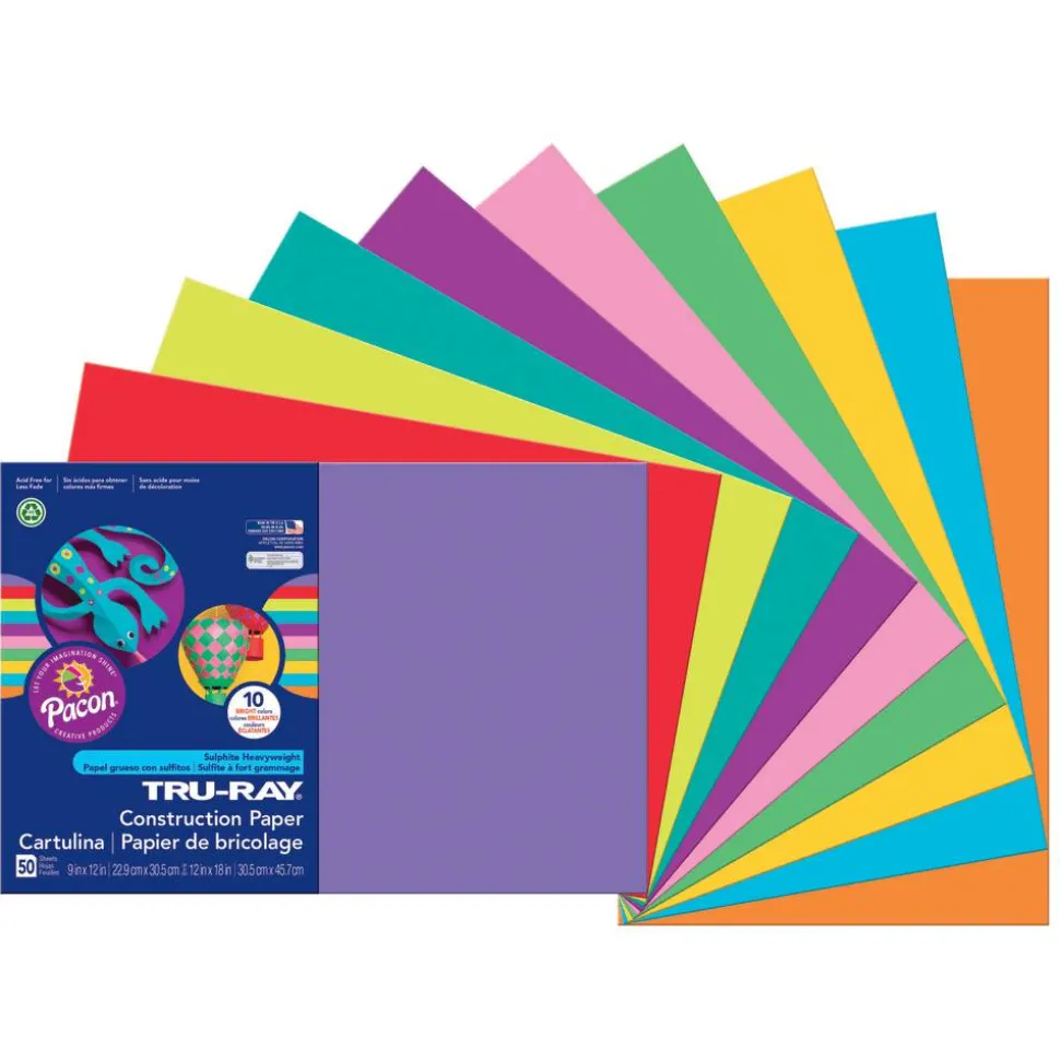 Tru-Ray Construction Paper, 50% Recycled, Assorted Colors, 12" x 18", Pack Of 50 Sheets