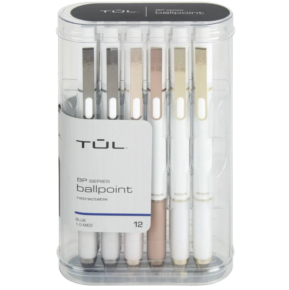 TUL BP Series Retractable Ballpoint Pens, Medium Point, 1.0 mm, Pearl White Barrel, Blue Ink, Pack Of 12 Pens