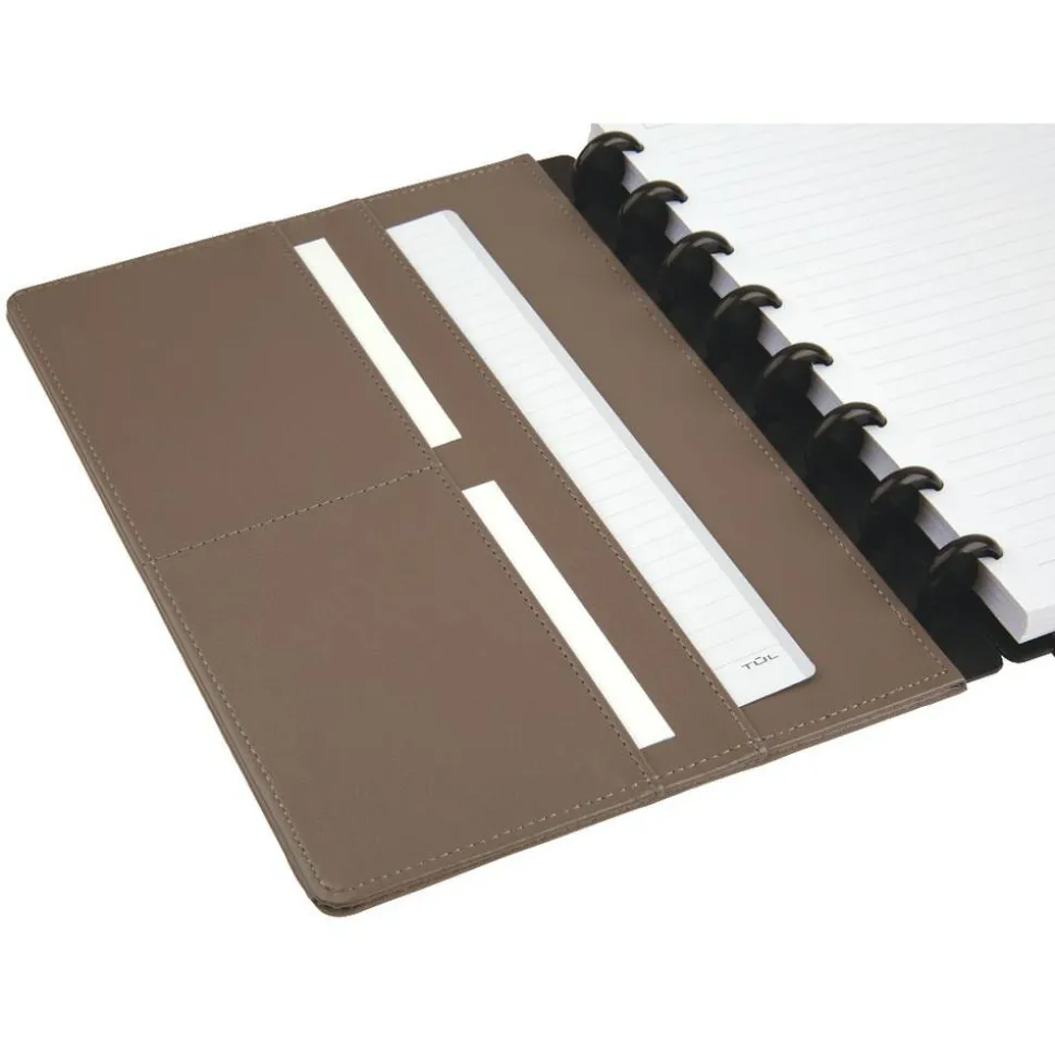 TUL Discbound Notebook With Leather Cover, Junior Size, Narrow Ruled, 60 Sheets, Brown