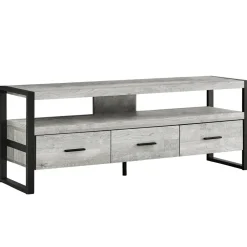 Tv Stand, 60 Inch, Console, Media Entertainment Center, Storage Drawers, Living Room, Bedroom, Grey Laminate, Black Metal, Contemporary, Modern
