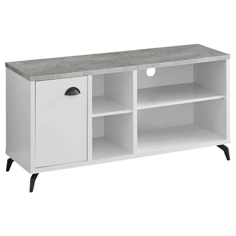 Tv Stand, 48 Inch, Console, Media Entertainment Center, Storage Cabinet, Living Room, Bedroom, White And Grey Laminate, Black Metal, Contemporary, Modern
