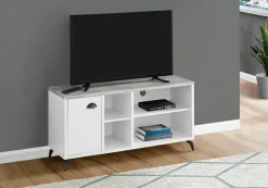 Tv Stand, 48 Inch, Console, Media Entertainment Center, Storage Cabinet, Living Room, Bedroom, White And Grey Laminate, Black Metal, Contemporary, Modern