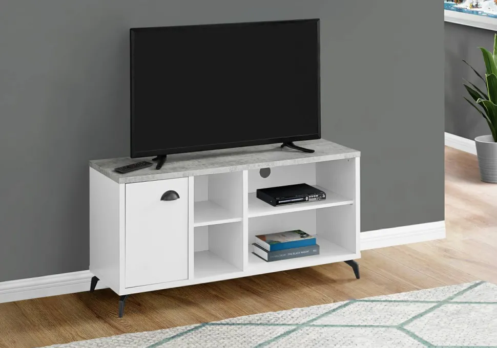 Tv Stand, 48 Inch, Console, Media Entertainment Center, Storage Cabinet, Living Room, Bedroom, White And Grey Laminate, Black Metal, Contemporary, Modern