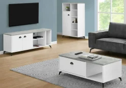 Tv Stand, 60 Inch, Console, Media Entertainment Center, Storage Cabinet, Living Room, Bedroom, White And Grey Laminate, Black Metal, Contemporary, Modern