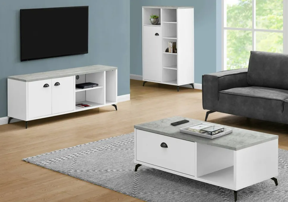 Tv Stand, 60 Inch, Console, Media Entertainment Center, Storage Cabinet, Living Room, Bedroom, White And Grey Laminate, Black Metal, Contemporary, Modern