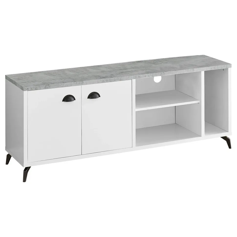 Tv Stand, 60 Inch, Console, Media Entertainment Center, Storage Cabinet, Living Room, Bedroom, White And Grey Laminate, Black Metal, Contemporary, Modern