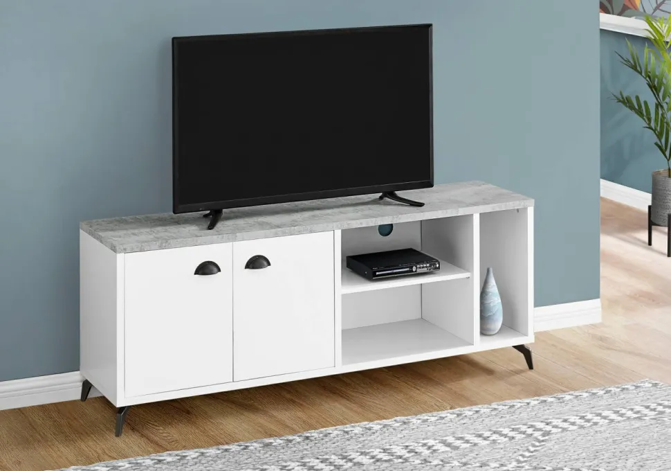 Tv Stand, 60 Inch, Console, Media Entertainment Center, Storage Cabinet, Living Room, Bedroom, White And Grey Laminate, Black Metal, Contemporary, Modern