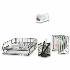 U Brands Vena Desktop Organization Kit, 8 Compartments, Letter Sorter, Paper Tray, Pencil Cup, Black, Metal