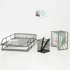 U Brands Vena Desktop Organization Kit, 8 Compartments, Letter Sorter, Paper Tray, Pencil Cup, Black, Metal