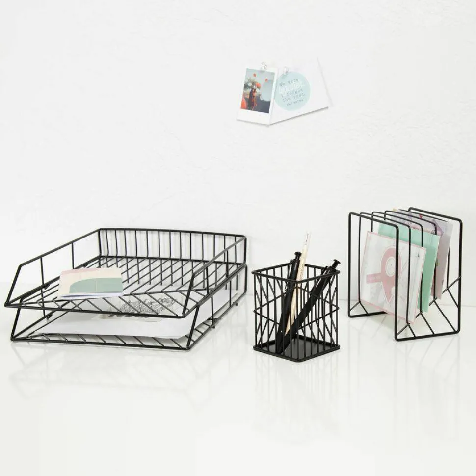 U Brands Vena Desktop Organization Kit, 8 Compartments, Letter Sorter, Paper Tray, Pencil Cup, Black, Metal