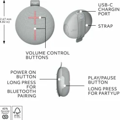 ULTIMATE EARS MINIROLL Ultra-Portable Waterproof Bluetooth Speaker, Big Bass, IP67 Dustproof, 131 ft (40 m) Range - Revive Grey