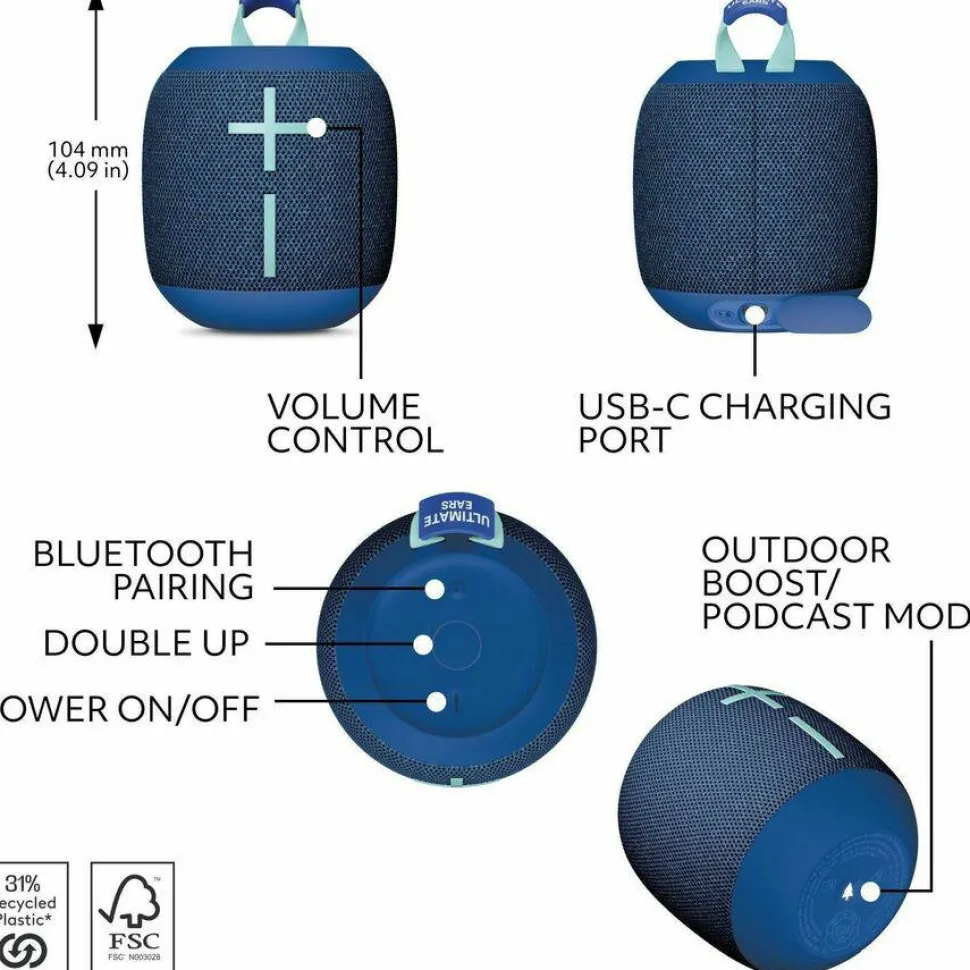 Ultimate Ears WONDERBOOM 4 Portable Waterproof Bluetooth Speaker With Big Bass and 360-Degree Sound, Dustproof Floating Speaker With 131ft (40m) Range, Blue
