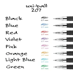 uniball 207 Retractable Fraud Prevention Gel Pens, Medium Point, 0.7 mm, Black Barrels, Blue Ink, Pack Of 12