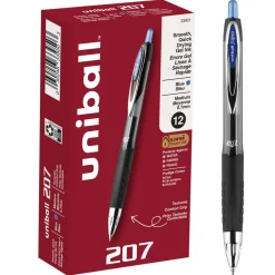 uniball 207 Retractable Fraud Prevention Gel Pens, Medium Point, 0.7 mm, Black Barrels, Blue Ink, Pack Of 12