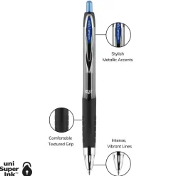 uniball 207 Retractable Fraud Prevention Gel Pens, Medium Point, 0.7 mm, Black Barrels, Blue Ink, Pack Of 12