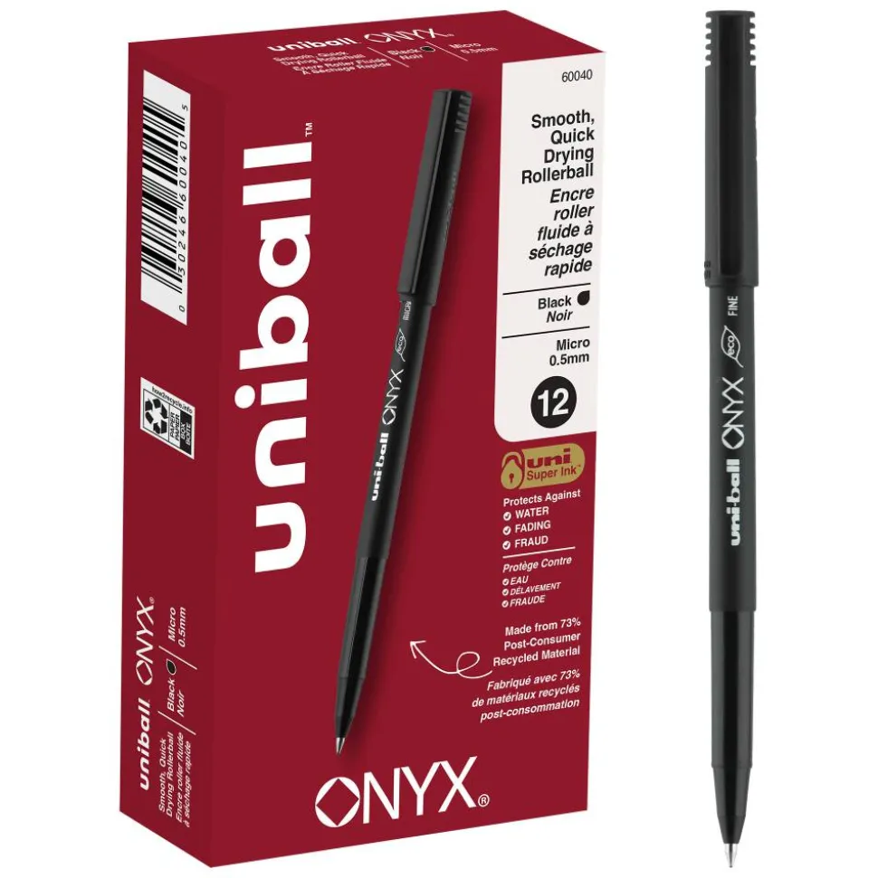 uniball Onyx Rollerball Pens, Micro Point, 0.5 mm, Black Barrel, Black Ink, Pack Of 12
