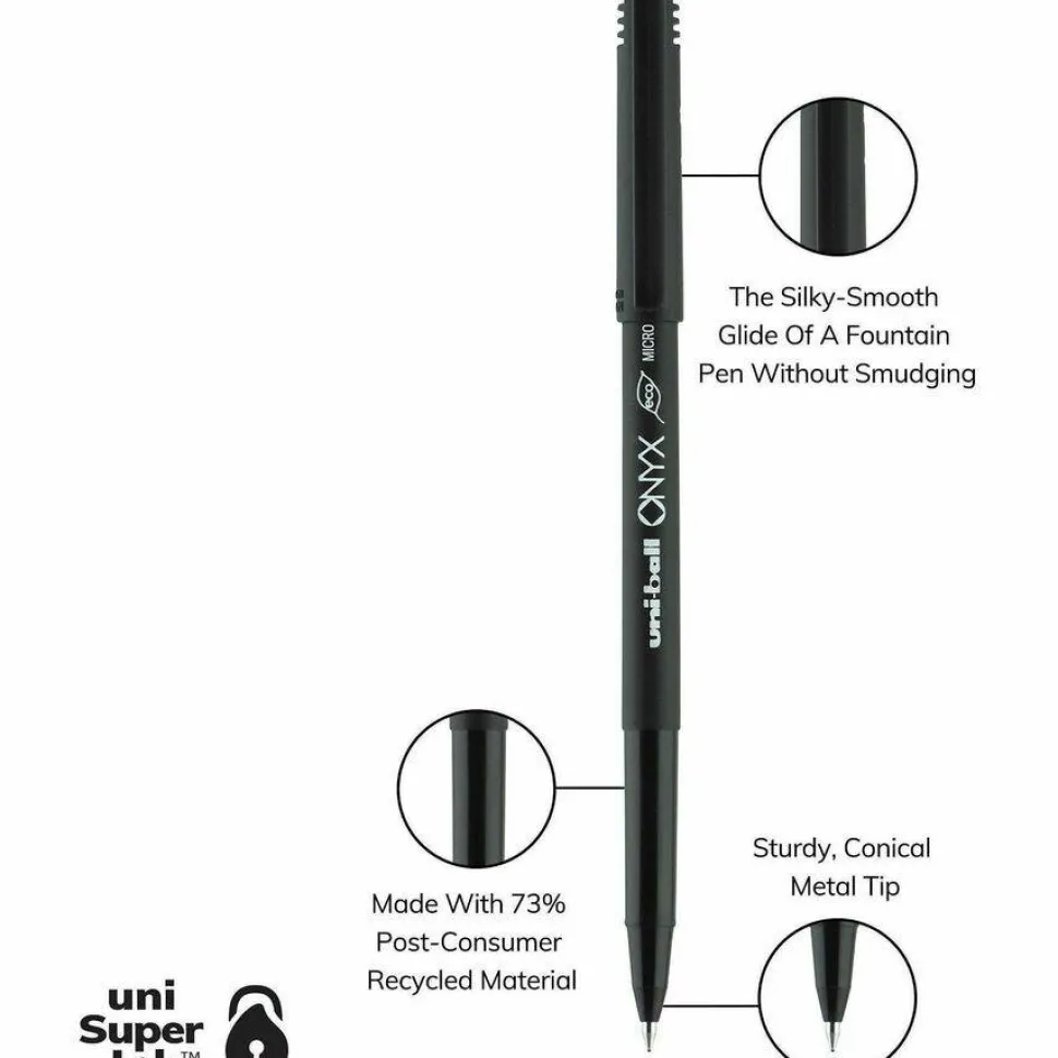 uniball Onyx Rollerball Pens, Micro Point, 0.5 mm, Black Barrel, Black Ink, Pack Of 12