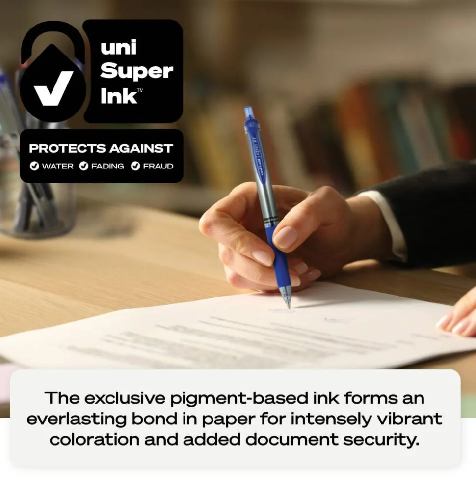 uniball Signo Gel Pen, Retractable, Medium 0.7 mm, Black Ink, Silver/Black Barrel, Dozen