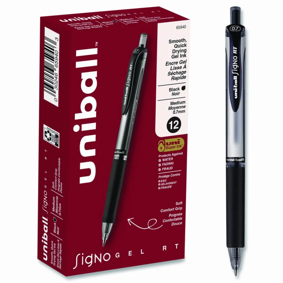 uniball Signo Gel Pen, Retractable, Medium 0.7 mm, Black Ink, Silver/Black Barrel, Dozen