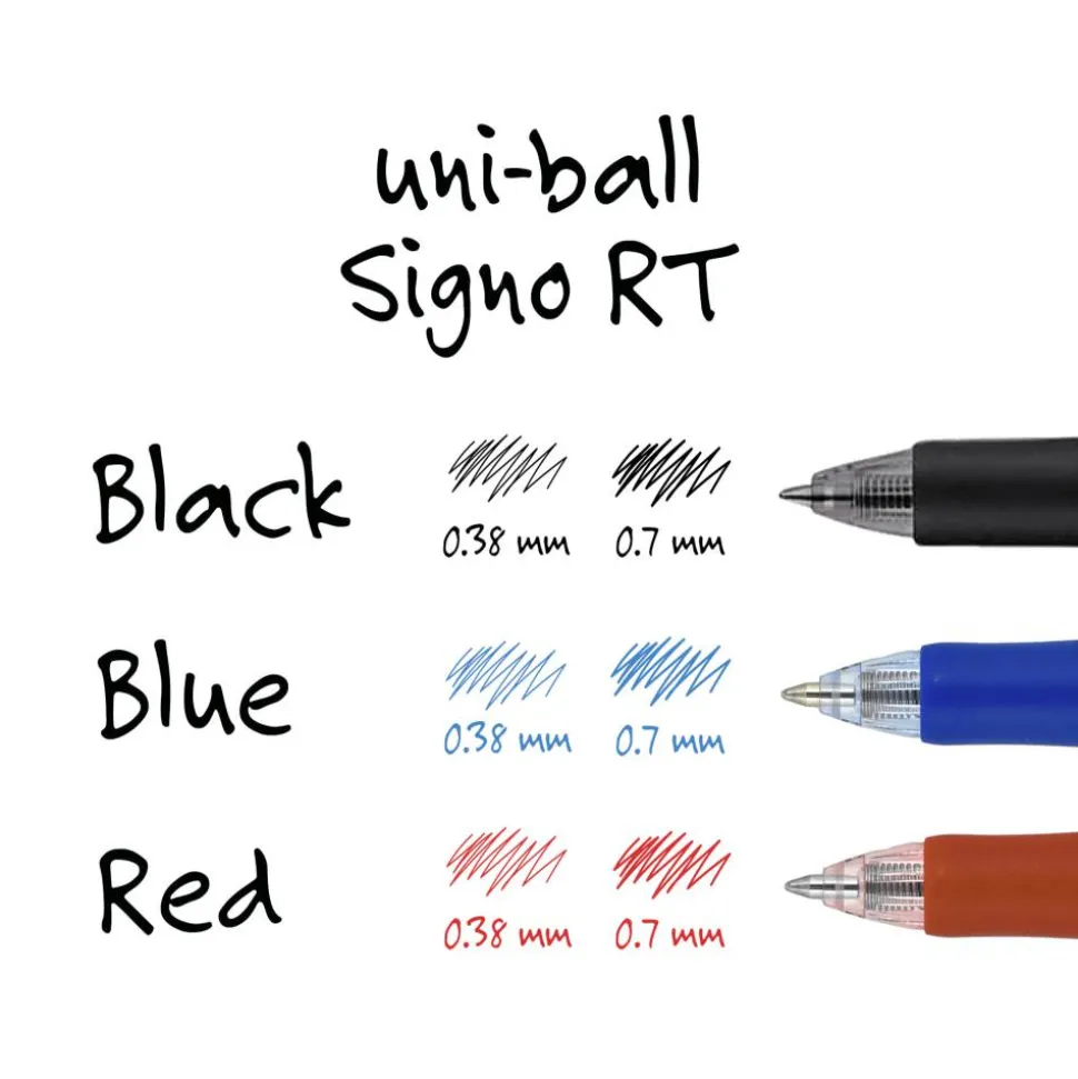 uniball Signo Gel Pen, Retractable, Medium 0.7 mm, Black Ink, Silver/Black Barrel, Dozen