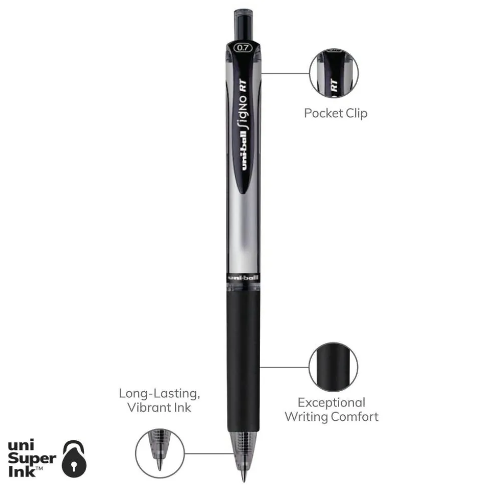 uniball Signo Gel Pen, Retractable, Medium 0.7 mm, Black Ink, Silver/Black Barrel, Dozen