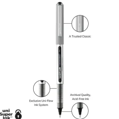uniball Vision Rollerball Pens, Fine Point, 0.7 mm, Gray Barrel, Black Ink, Pack Of 12