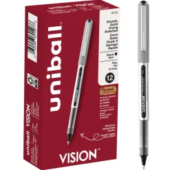 uniball Vision Rollerball Pens, Fine Point, 0.7 mm, Gray Barrel, Black Ink, Pack Of 12