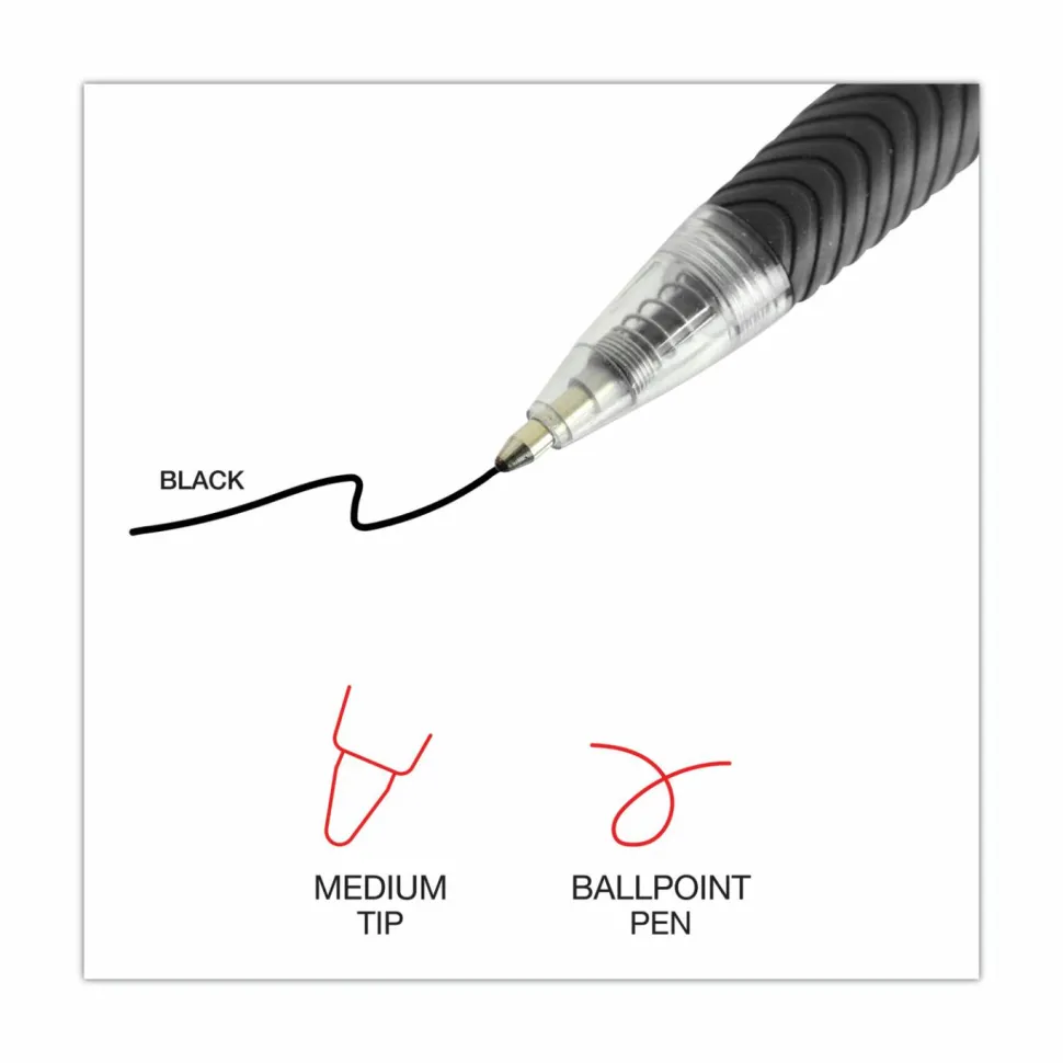 Universal Comfort Grip Ballpoint Pen, Retractable, Medium 1 mm, Black Ink, Clear/Black Barrel, Dozen