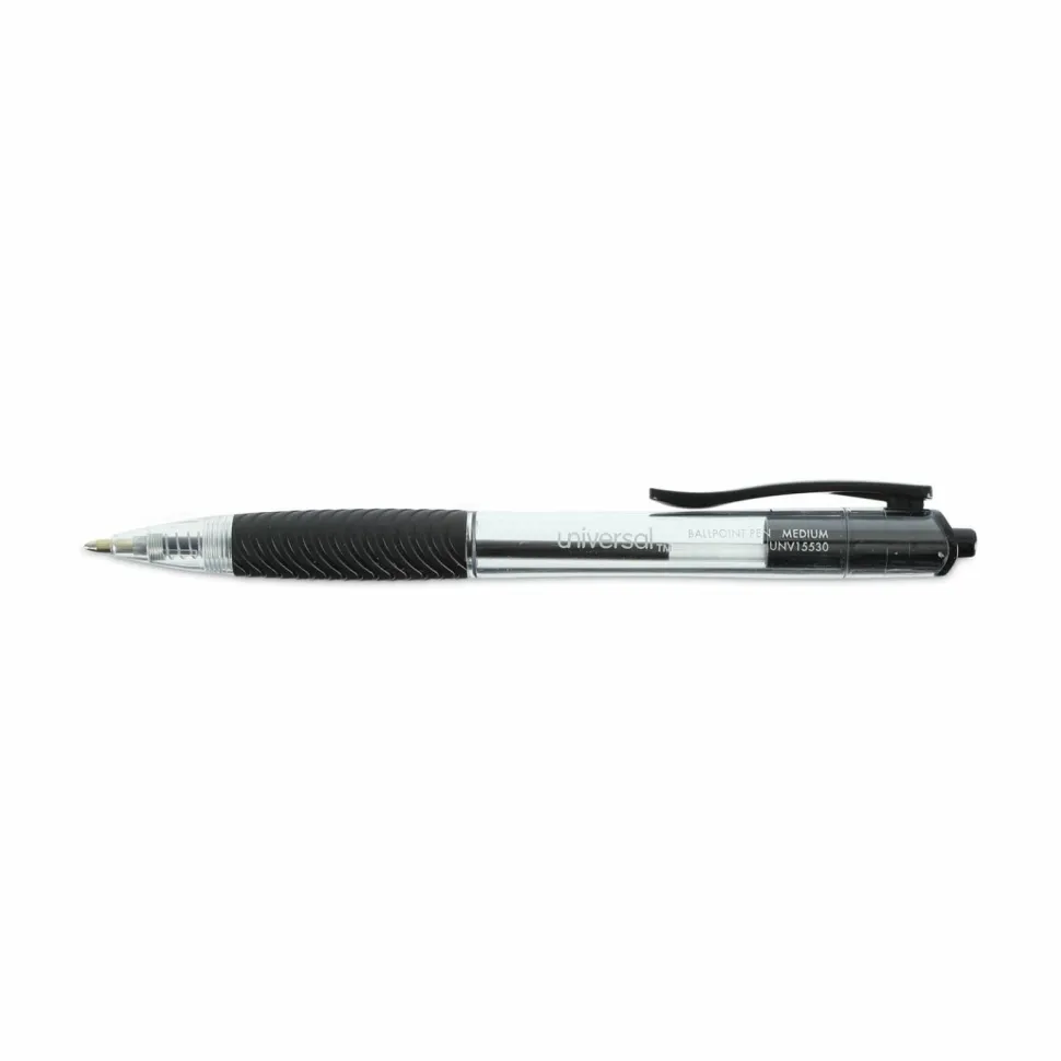 Universal Comfort Grip Ballpoint Pen, Retractable, Medium 1 mm, Black Ink, Clear/Black Barrel, Dozen
