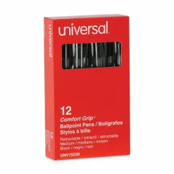 Universal Comfort Grip Ballpoint Pen, Retractable, Medium 1 mm, Black Ink, Clear/Black Barrel, Dozen
