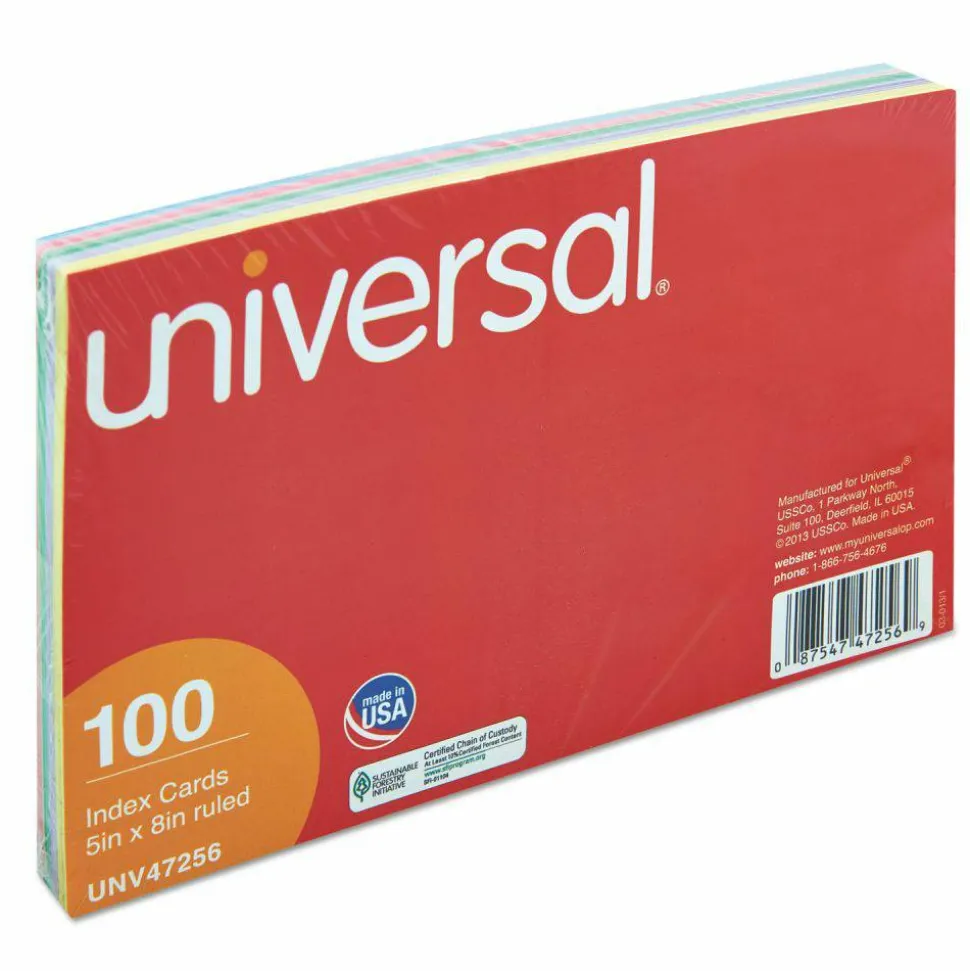 Universal Index Cards, Ruled, 5 x 8, Assorted, 100/Pack