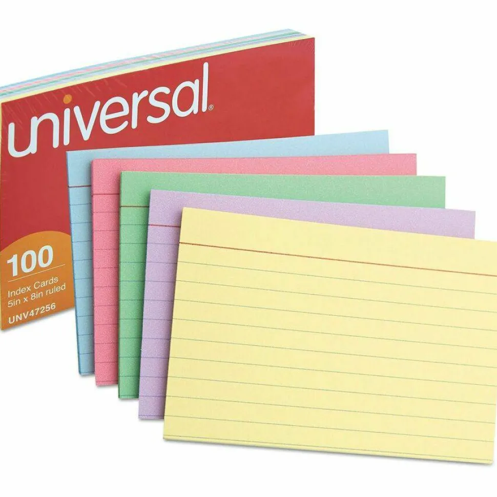 Universal Index Cards, Ruled, 5 x 8, Assorted, 100/Pack