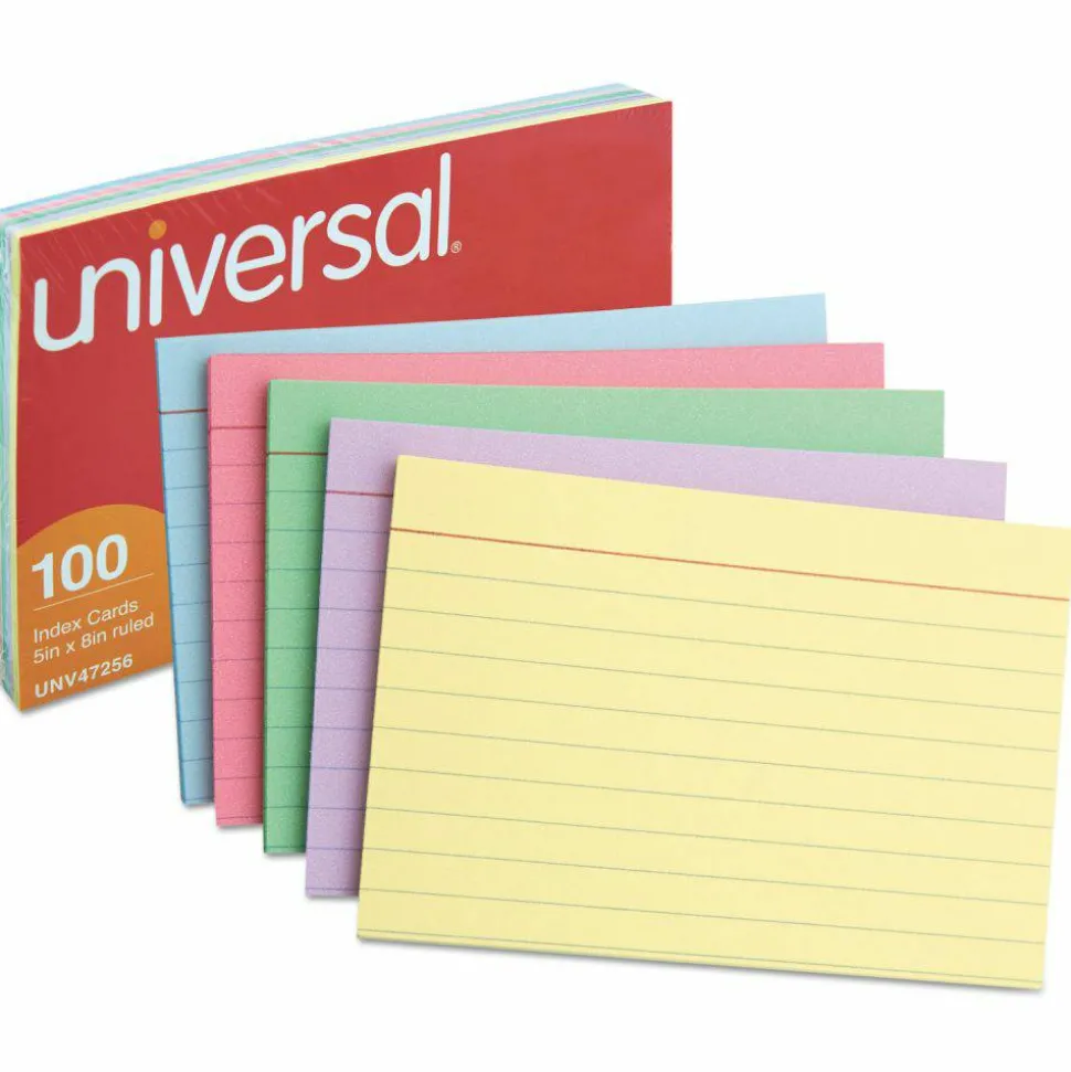 Universal Index Cards, Ruled, 5 x 8, Assorted, 100/Pack