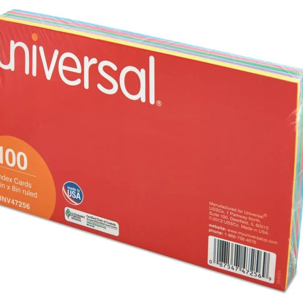 Universal Index Cards, Ruled, 5 x 8, Assorted, 100/Pack