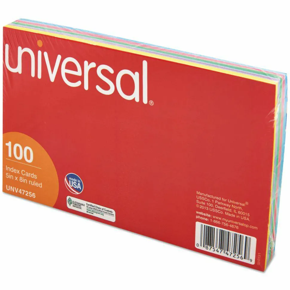 Universal Index Cards, Ruled, 5 x 8, Assorted, 100/Pack