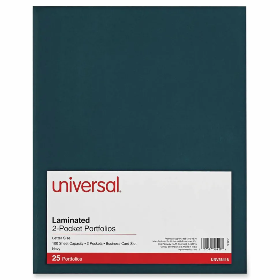 Universal Laminated Two-Pocket Folder, Accommodates (100) 11 x 8.5 Sheets, Navy, 25/Box