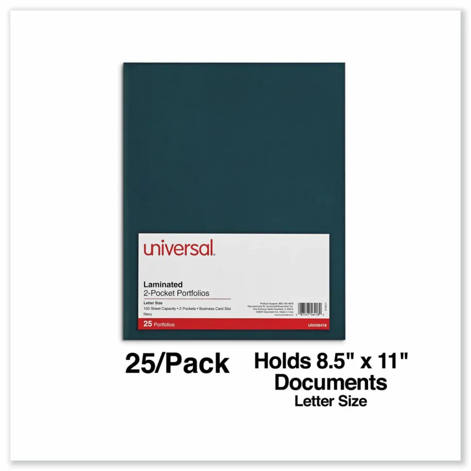 Universal Laminated Two-Pocket Folder, Accommodates (100) 11 x 8.5 Sheets, Navy, 25/Box