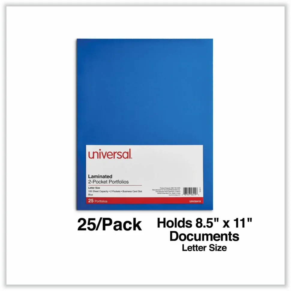 Universal Laminated Two-Pocket Folder, Accommodates (100) 11 x 8.5 Sheets, Blue, 25/Box