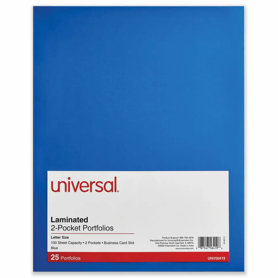 Universal Laminated Two-Pocket Folder, Accommodates (100) 11 x 8.5 Sheets, Blue, 25/Box