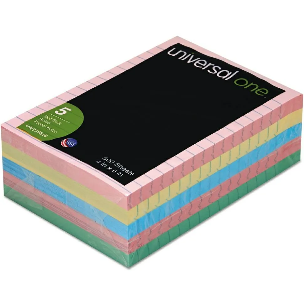 Universal Lined Self-Stick Notes, 4 in x 6 in, Assorted Colors, 100 Sheets Per Pad, Pack Of 5 Pads