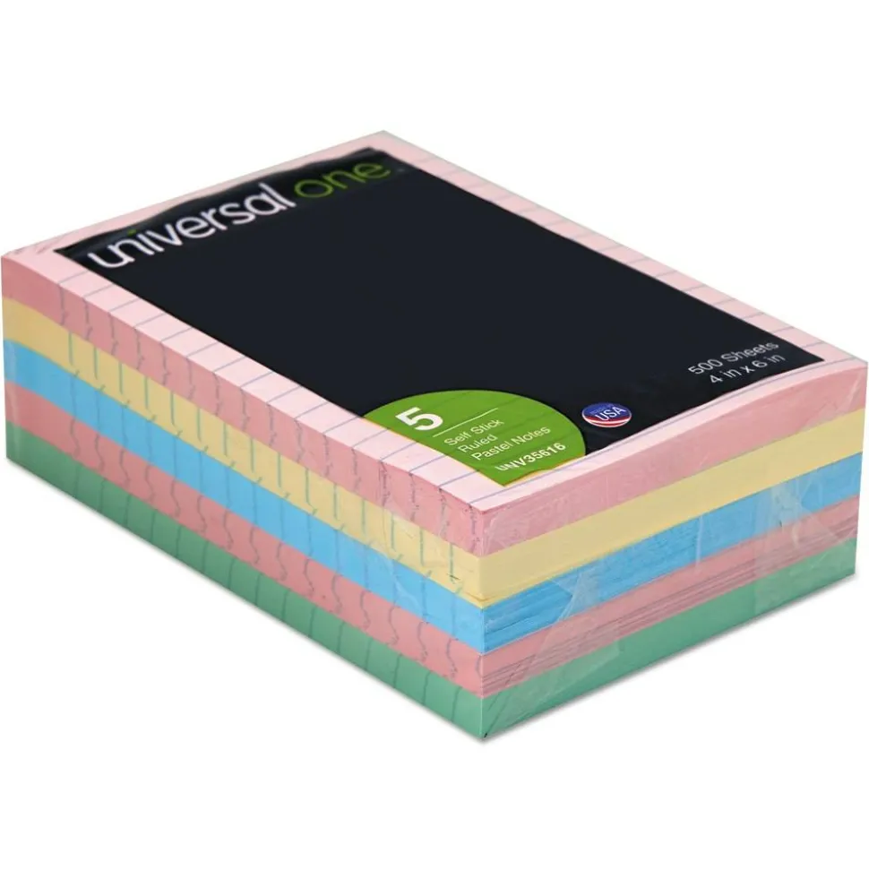 Universal Lined Self-Stick Notes, 4 in x 6 in, Assorted Colors, 100 Sheets Per Pad, Pack Of 5 Pads