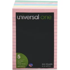 Universal Lined Self-Stick Notes, 4 in x 6 in, Assorted Colors, 100 Sheets Per Pad, Pack Of 5 Pads